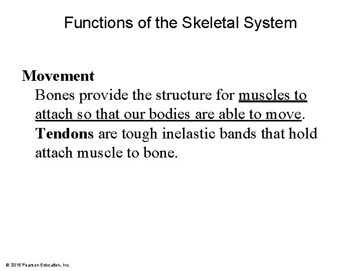 Functions of the Skeletal System Movement Bones provide the structure for muscles to attach