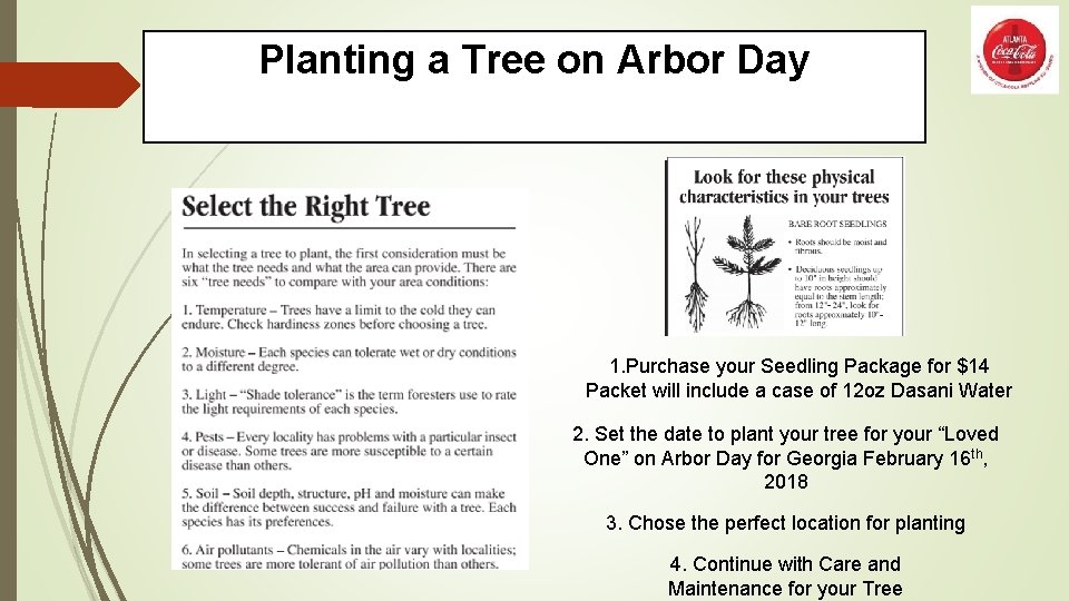 Planting a Tree on Arbor Day 1. Purchase your Seedling Package for $14 Packet