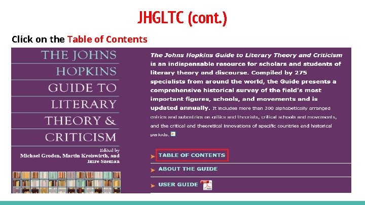 JHGLTC (cont. ) Click on the Table of Contents 