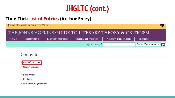 JHGLTC (cont. ) Then Click List of Entries (Author Entry) 