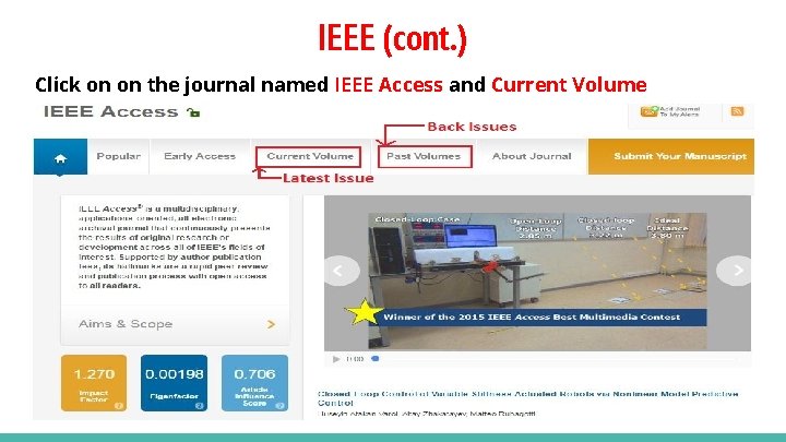 IEEE (cont. ) Click on on the journal named IEEE Access and Current Volume