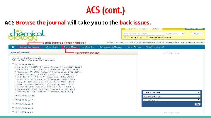 ACS (cont. ) ACS Browse the journal will take you to the back issues.