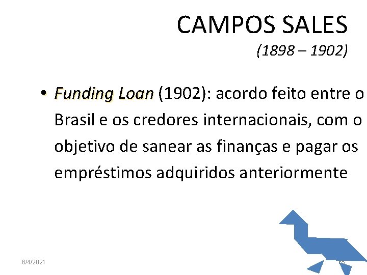 CAMPOS SALES (1898 – 1902) • Funding Loan (1902): acordo feito entre o Brasil