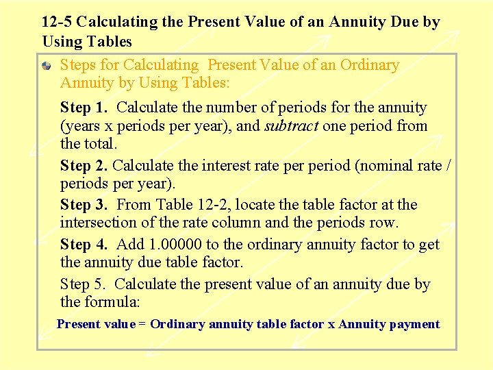 12 -5 Calculating the Present Value of an Annuity Due by Using Tables Steps