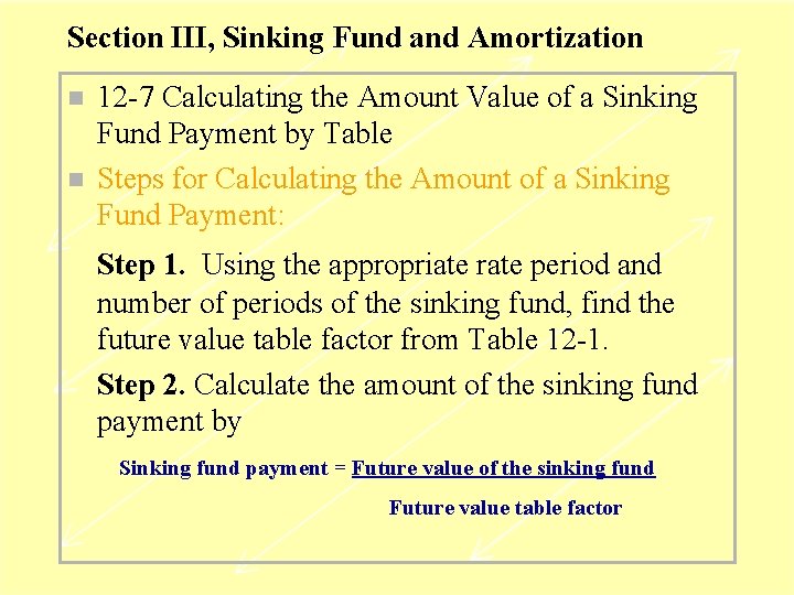Section III, Sinking Fund and Amortization n n 12 -7 Calculating the Amount Value