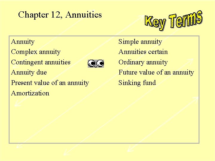 Chapter 12, Annuities Annuity Complex annuity Contingent annuities Annuity due Present value of an