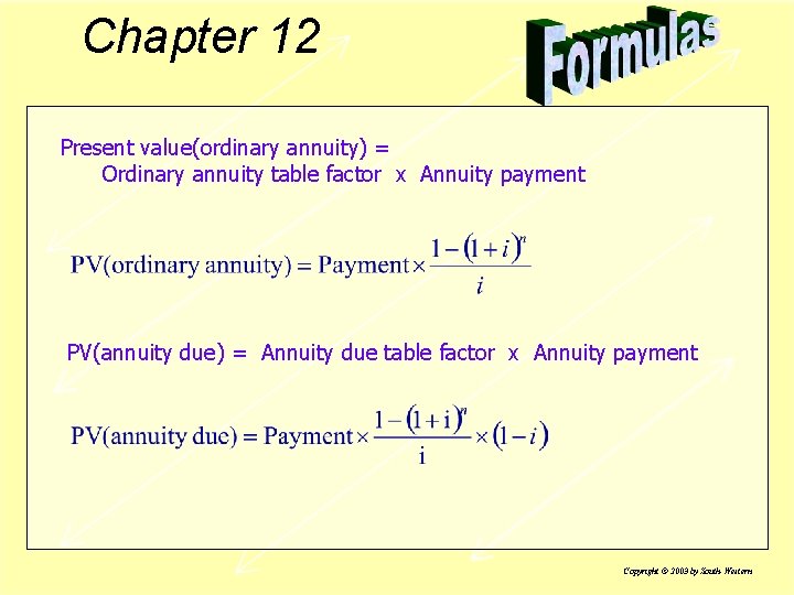 Chapter 12 Present value(ordinary annuity) = Ordinary annuity table factor x Annuity payment PV(annuity