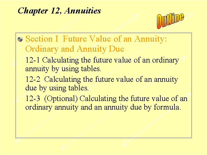Chapter 12, Annuities Section I Future Value of an Annuity: Ordinary and Annuity Due