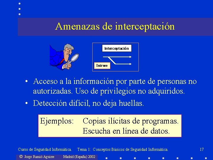 Amenazas de interceptación Intruso • Acceso a la información por parte de personas no