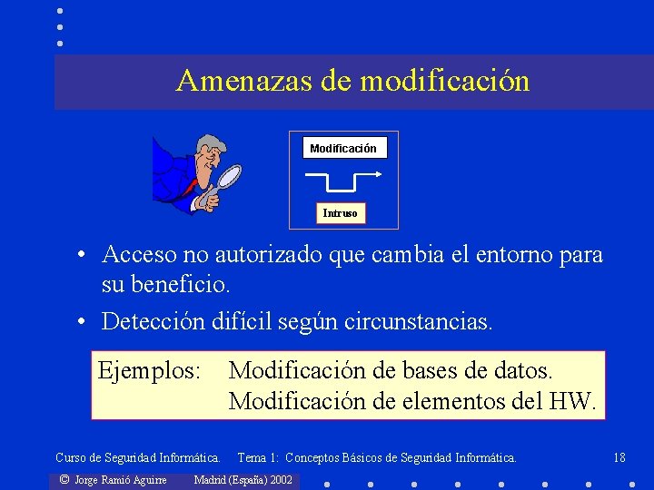 Amenazas de modificación Modificación Intruso • Acceso no autorizado que cambia el entorno para