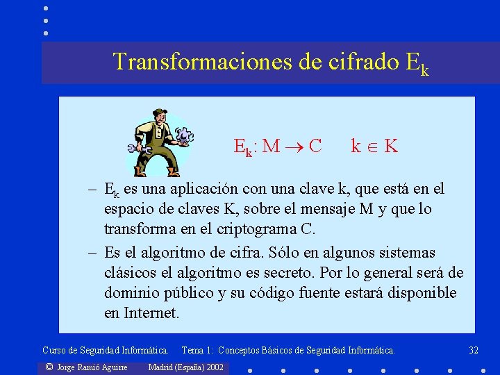 Transformaciones de cifrado Ek Ek: M C k K – Ek es una aplicación