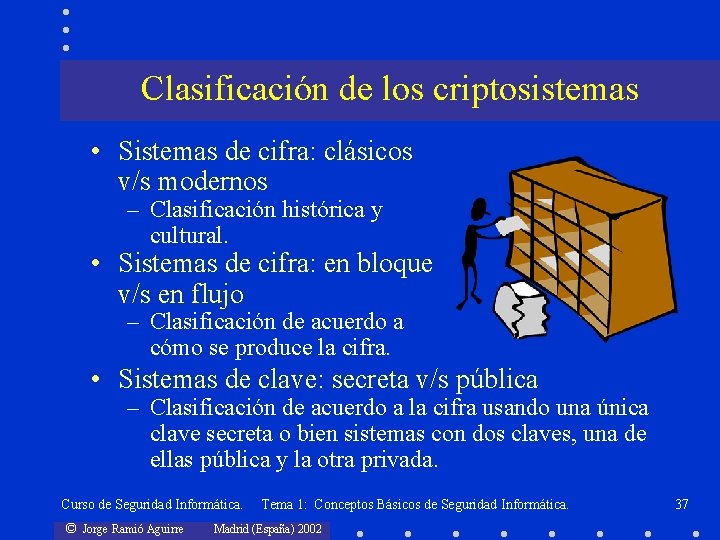 Clasificación de los criptosistemas • Sistemas de cifra: clásicos v/s modernos – Clasificación histórica