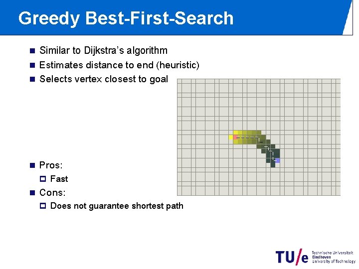 Greedy Best-First-Search n Similar to Dijkstra’s algorithm n Estimates distance to end (heuristic) n