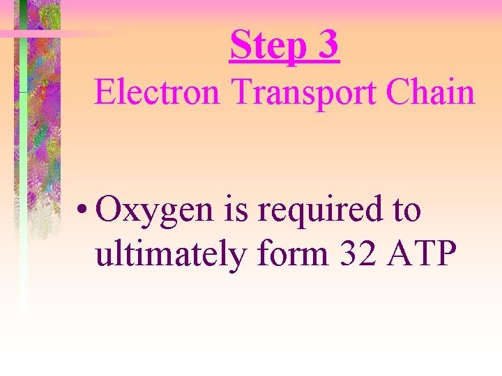 Step 3 Electron Transport Chain • Oxygen is required to ultimately form 32 ATP