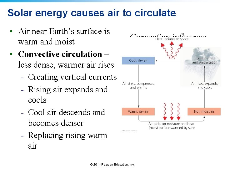 Solar energy causes air to circulate • Air near Earth’s surface is warm and