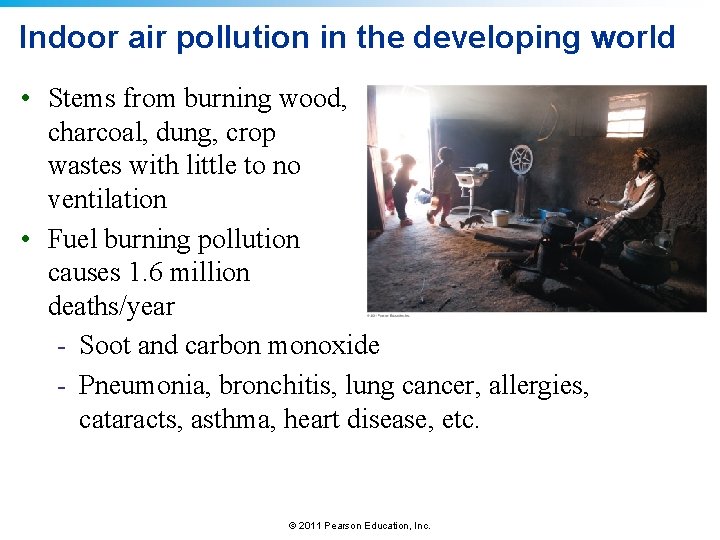 Indoor air pollution in the developing world • Stems from burning wood, charcoal, dung,
