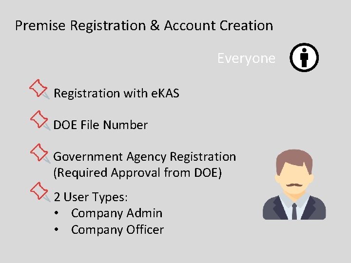 Premise Registration & Account Creation Everyone Registration with e. KAS DOE File Number Government Premise Registration & Account Creation Everyone Registration with e. KAS DOE File Number Government