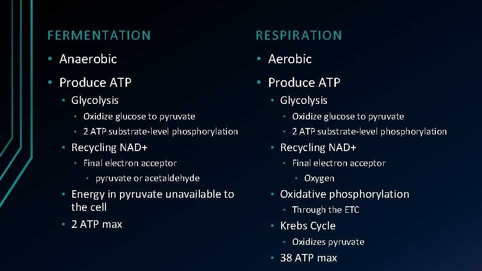 FERMENTATION RESPIRATION • Anaerobic • Aerobic • Produce ATP • Glycolysis • Oxidize glucose