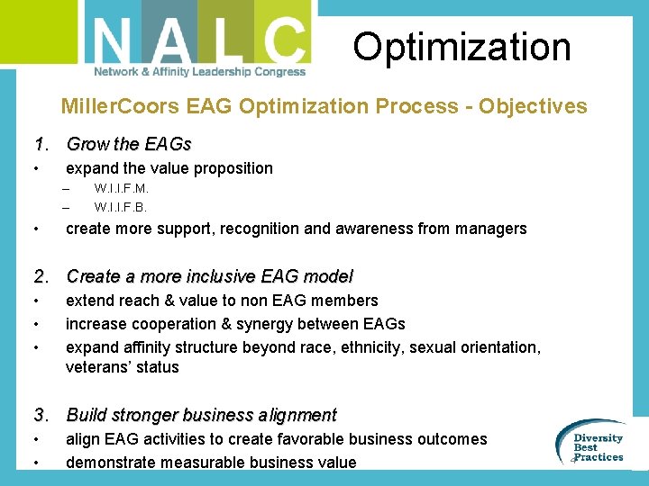 Optimization Miller. Coors EAG Optimization Process - Objectives 1. Grow the EAGs • expand