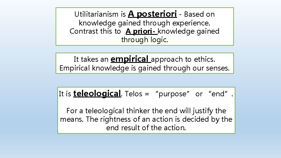 Utilitarianism is A posteriori - Based on knowledge gained through experience. Contrast this to