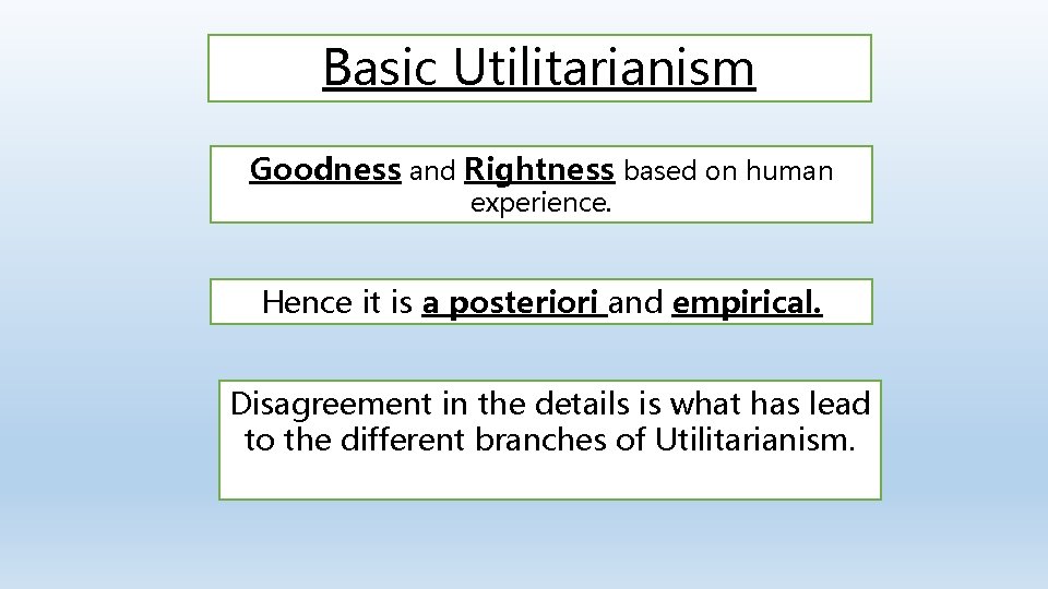 Basic Utilitarianism Goodness and Rightness based on human experience. Hence it is a posteriori