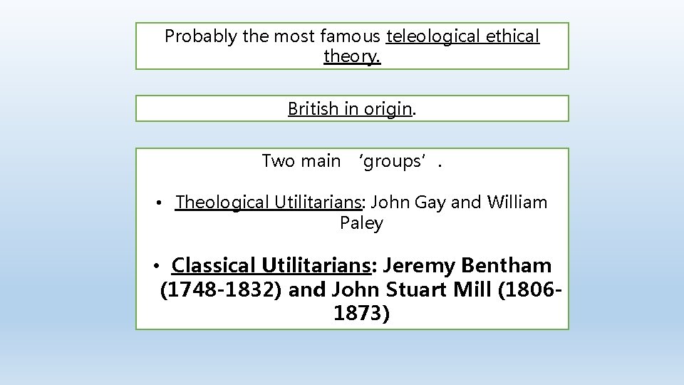 Probably the most famous teleological ethical theory. British in origin. Two main ‘groups’. •