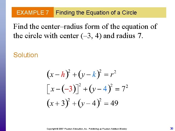 EXAMPLE 7 Finding the Equation of a Circle Find the center–radius form of the