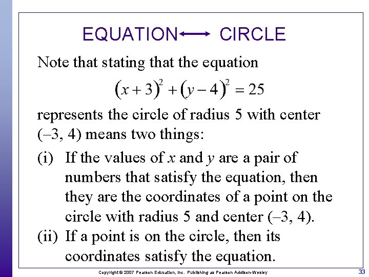 EQUATION CIRCLE Note that stating that the equation represents the circle of radius 5