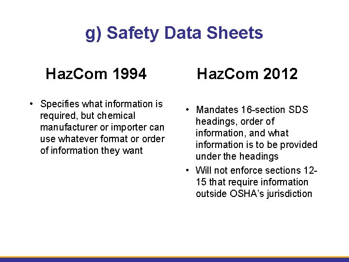 g) Safety Data Sheets Haz. Com 1994 • Specifies what information is required, but