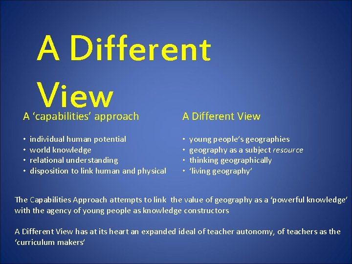 A Different View A ‘capabilities’ approach • • individual human potential world knowledge relational