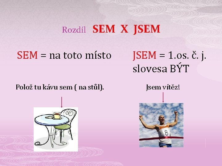 Rozdíl SEM X JSEM = na toto místo Polož tu kávu sem ( na