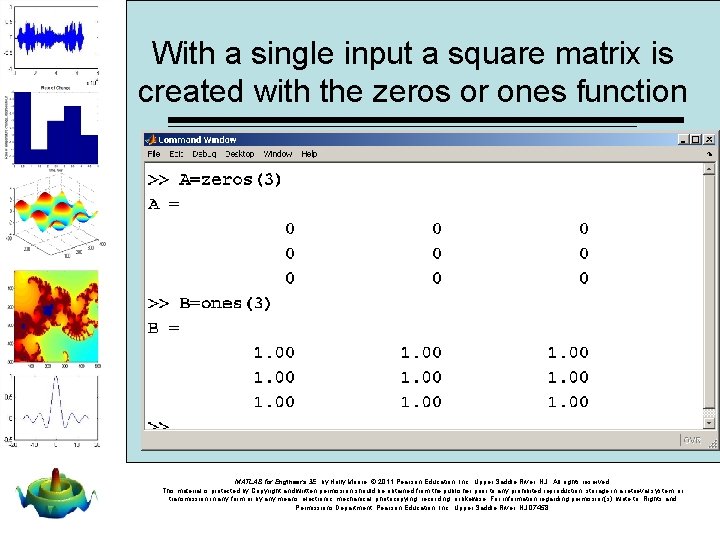 With a single input a square matrix is created with the zeros or ones With a single input a square matrix is created with the zeros or ones