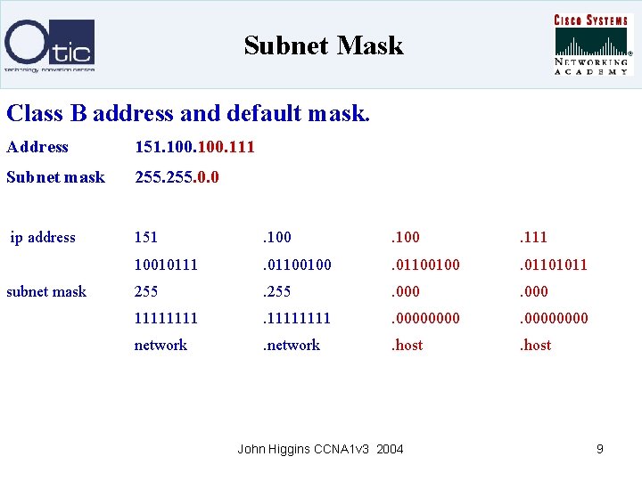 Subnet Mask Class B address and default mask. Address 151. 100. 111 Subnet mask