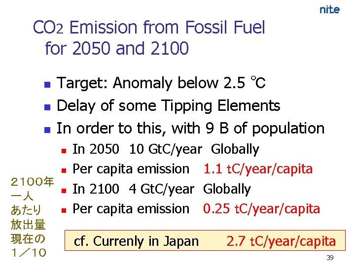 CO 2 Emission from Fossil Fuel for 2050 and 2100 n n n Target: