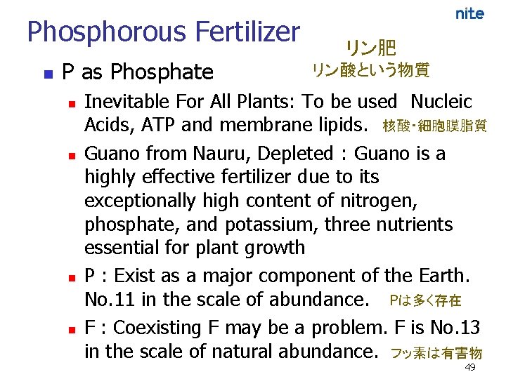 Phosphorous Fertilizer n P as Phosphate n n リン肥 リン酸という物質 Inevitable For All Plants: