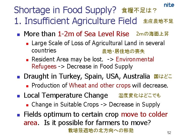 Shortage in Food Supply? 食糧不足は？ 1. Insufficient Agriculture Field 生産農地不足 n More than 1