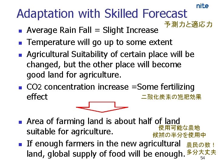 Adaptation with Skilled Forecast 予測力と適応力 n n n Average Rain Fall = Slight Increase