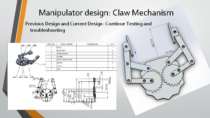 Manipulator design: Claw Mechanism Previous Design and Current Design- Continue Testing and troubleshooting 