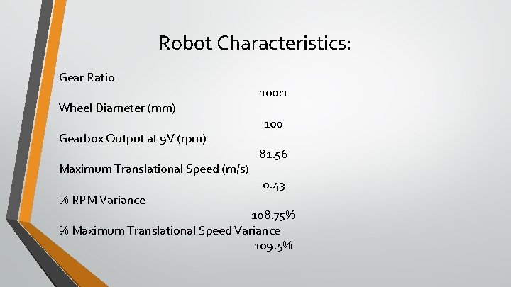 Robot Characteristics: Gear Ratio Wheel Diameter (mm) Gearbox Output at 9 V (rpm) Maximum