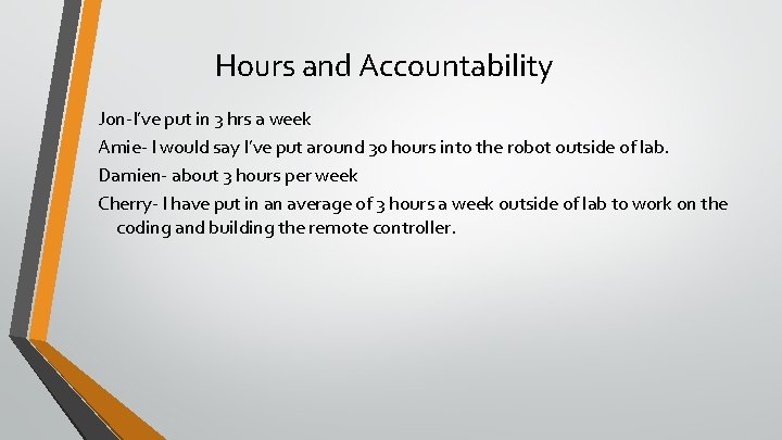 Hours and Accountability Jon-I’ve put in 3 hrs a week Amie- I would say