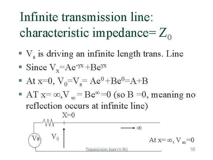 Infinite transmission line: characteristic impedance= Z 0 § § Vs is driving an infinite