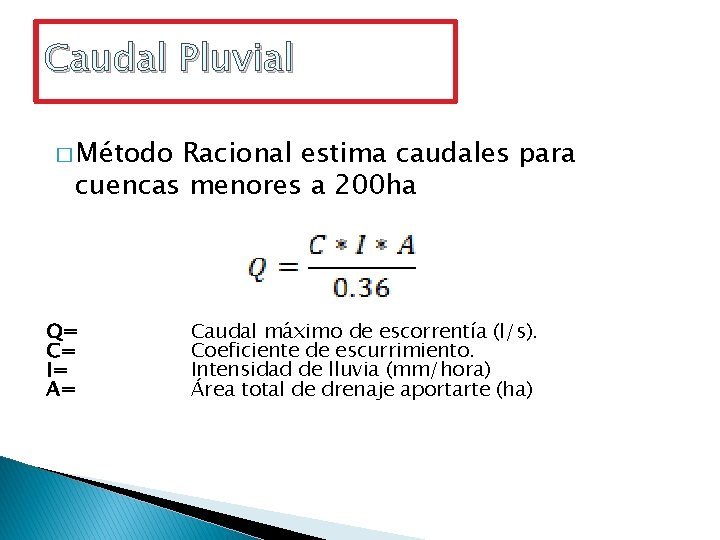 Caudal Pluvial � Método Racional estima caudales para cuencas menores a 200 ha Q=