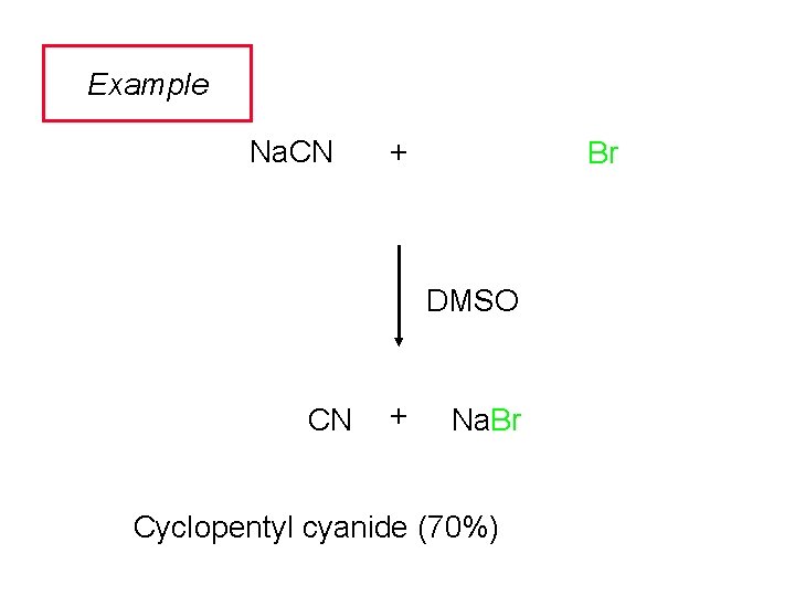 Example Na. CN + Br DMSO CN + Na. Br Cyclopentyl cyanide (70%) 