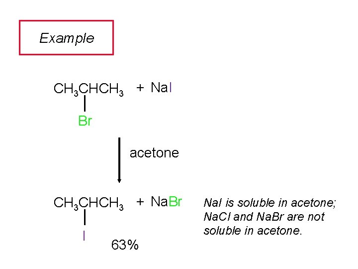 Example CH 3 CHCH 3 + Na. I Br acetone CH 3 CHCH 3