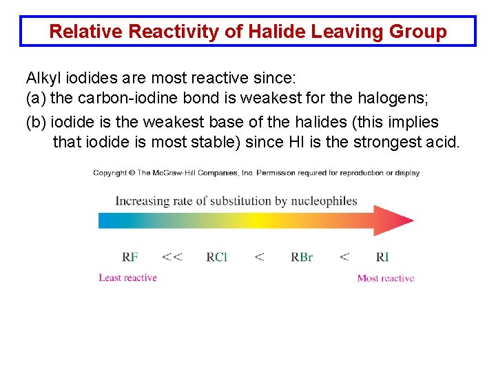 Relative Reactivity of Halide Leaving Group Alkyl iodides are most reactive since: (a) the