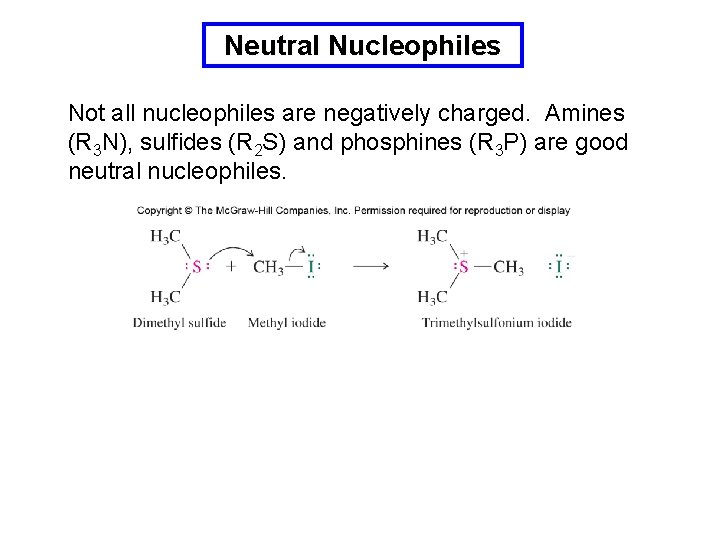 Neutral Nucleophiles Not all nucleophiles are negatively charged. Amines (R 3 N), sulfides (R