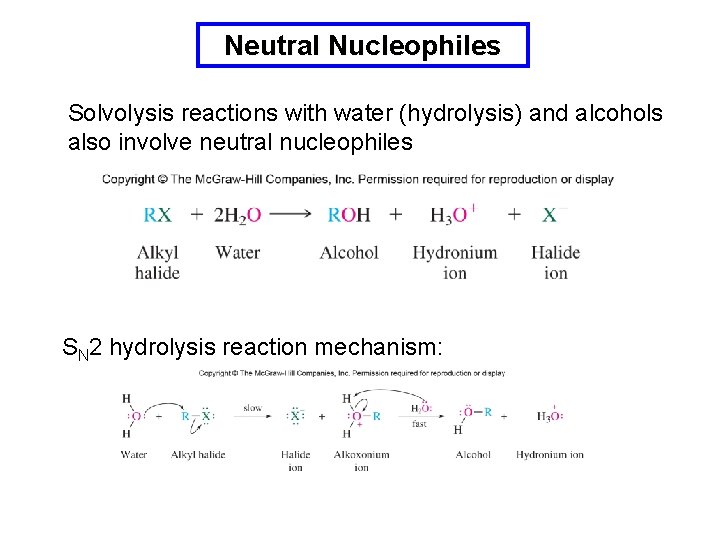 Neutral Nucleophiles Solvolysis reactions with water (hydrolysis) and alcohols also involve neutral nucleophiles SN