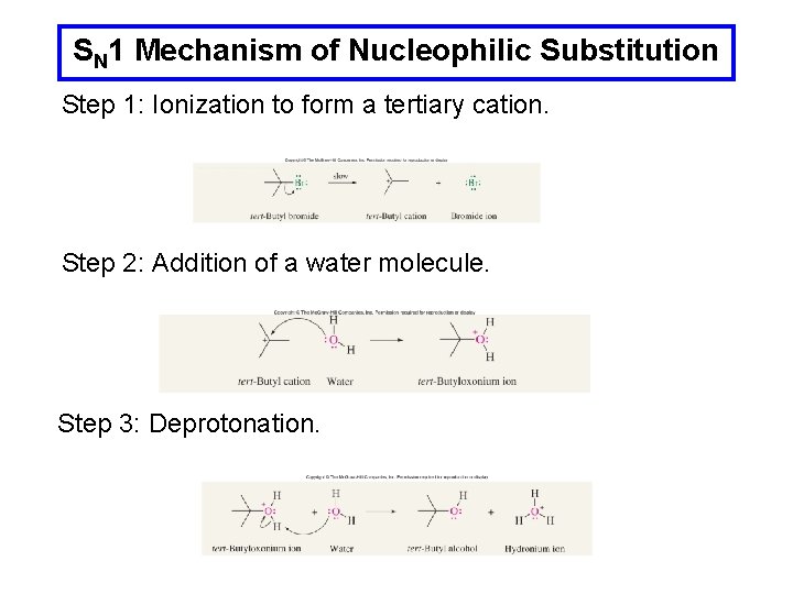 SN 1 Mechanism of Nucleophilic Substitution Step 1: Ionization to form a tertiary cation.
