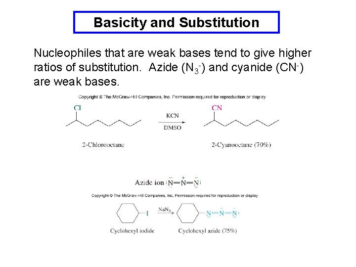 Basicity and Substitution Nucleophiles that are weak bases tend to give higher ratios of