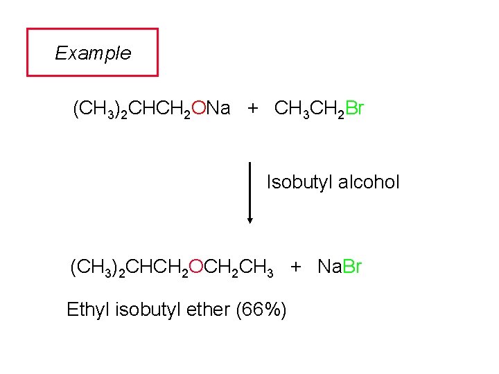 Example (CH 3)2 CHCH 2 ONa + CH 3 CH 2 Br Isobutyl alcohol